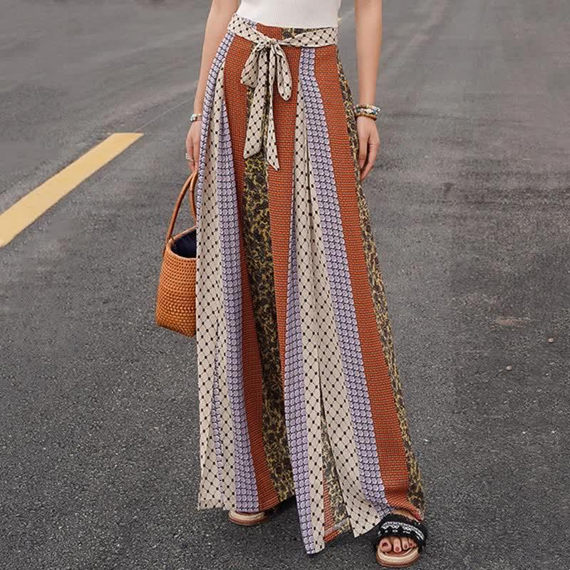 Colorblock Printed Flowy Boho Wide Leg Split Casual Pants  |   Pants Clothing Brown