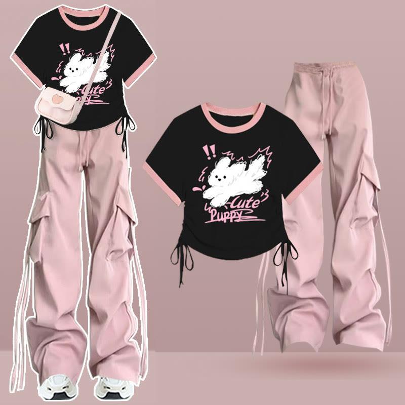 Colorblock Rabbit Print T-Shirt Cargo Pants  |   Pants Clothing Pants