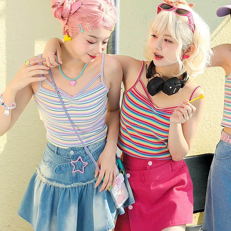 Colorblock Rainbow Stripe Matching Best Friends Y2K Cami Top  |   Crop Tops & Camis Clothing Crop Tops & Camis