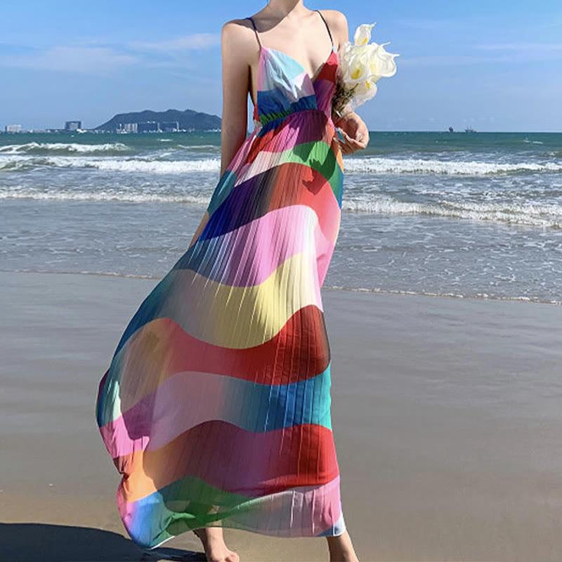 Colorblock Rainbow Stripe Print Slip Long Dress  |   Dresses Clothing Dresses