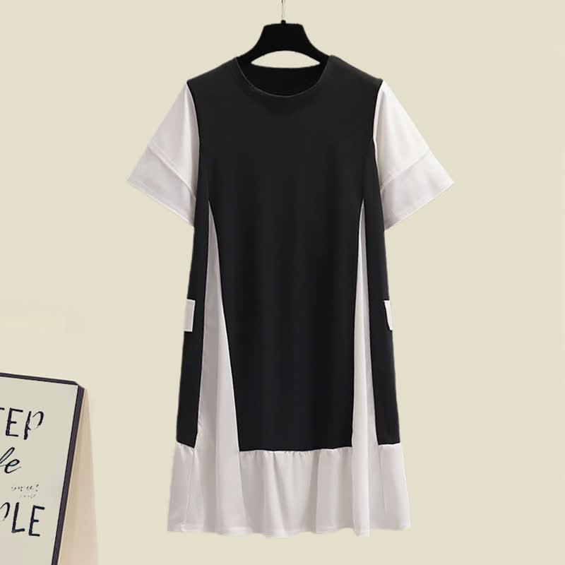 Colorblock Round Collar Fake Two Pieces Loose Dress  |   Dresses Clothing Black & White