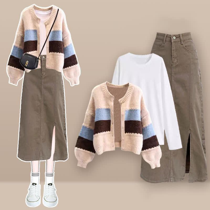 Colorblock Stripe Cardigan Sweater Long Sleeve Shirt Denim Split Skirt  |   Sweater Clothing Apricot Sweater