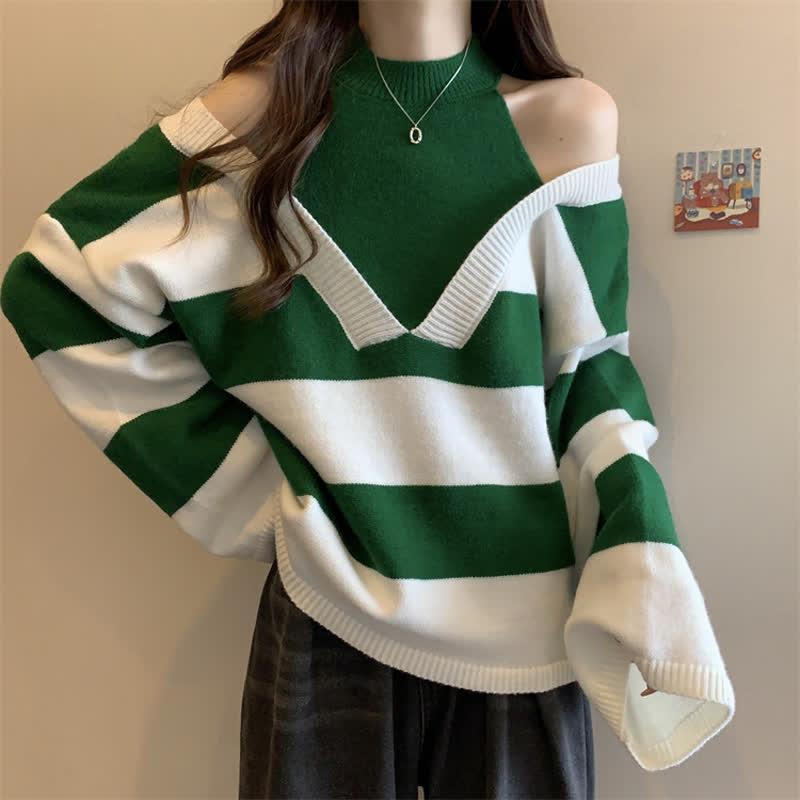 Colorblock Stripe Cold Shoulder Knit Loose Sweater  |   Sweater Clothing Black