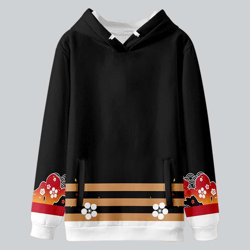 Colorblock Stripe Flower Print Pocketed Hoodie  |   Sweatshirts & Hoodies Clothing Black