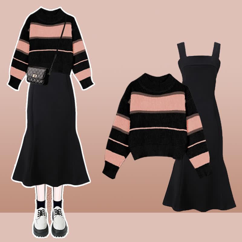 Colorblock Stripe Lace Up Sweater Fishtail A-Line Slip Dress  |   Dresses Clothing Dress