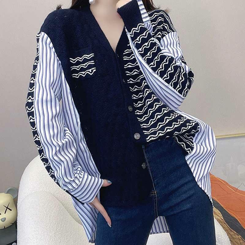 Colorblock Stripe Loose V-Neck Cardigan Sweater Shirt  |   Sweater Clothing Outerwear