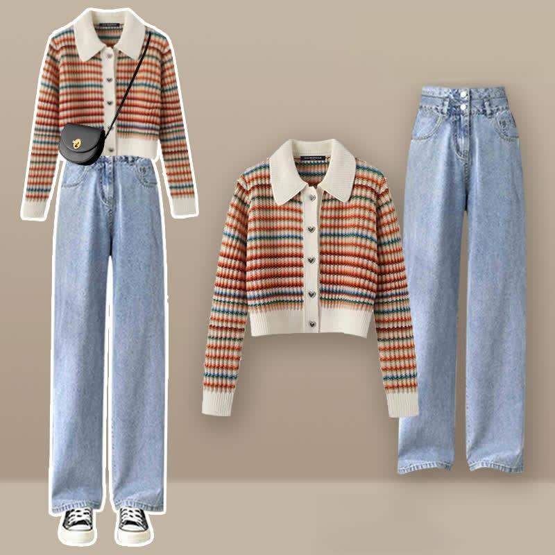 Colorblock Stripe Rainbow Cardigan Sweater Casual Pants Two Pieces  |   Sweater Clothing Pants A