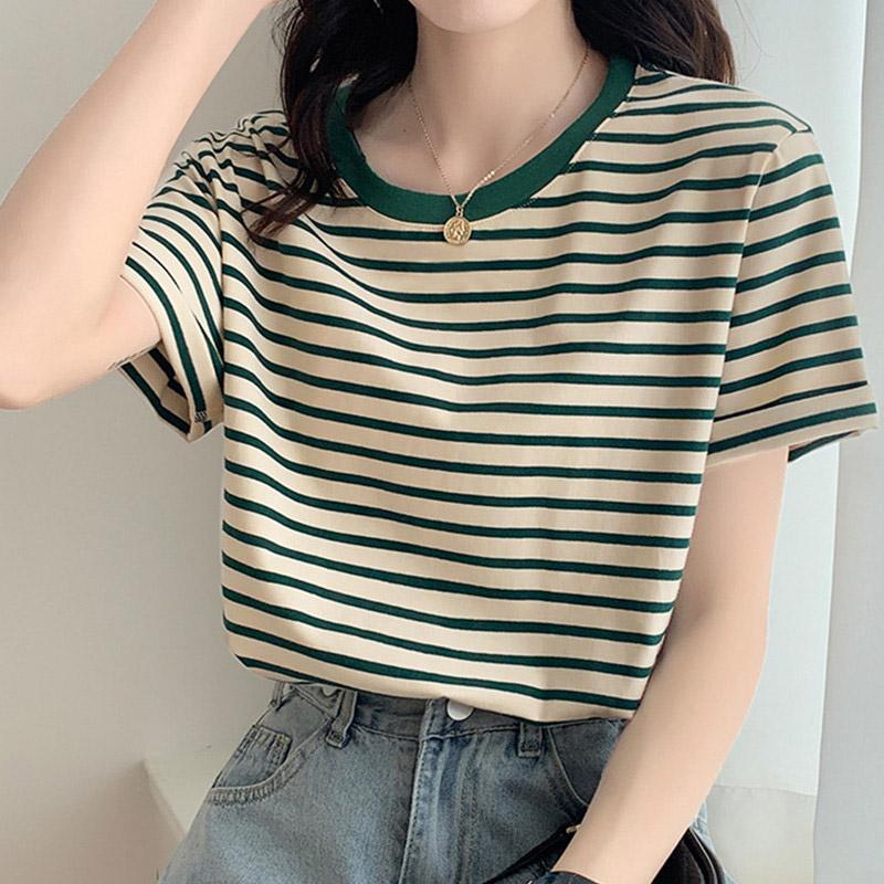 Colorblock Stripe Round Collar Loose T-Shirt  |   T-Shirts Clothing Blue