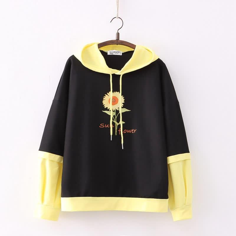 Colorblock Sunflower Letter Print Loose Hoodie  |   Sweatshirts & Hoodies Clothing Black