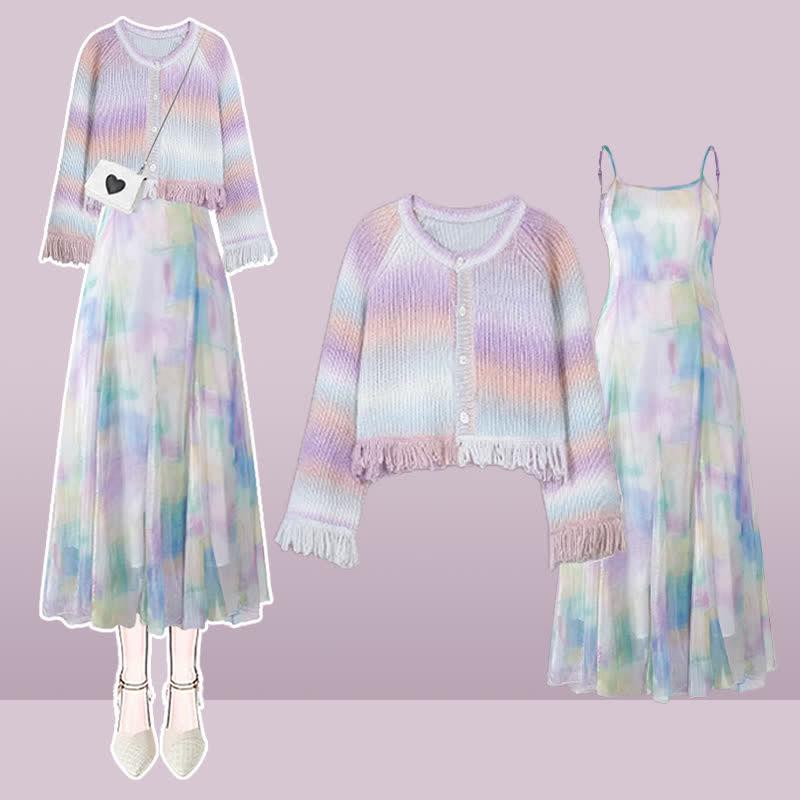 Colorblock Tie Dye Fringed Cardigan Sweater Chiffon Slip Dress  |   Dresses Clothing Dress