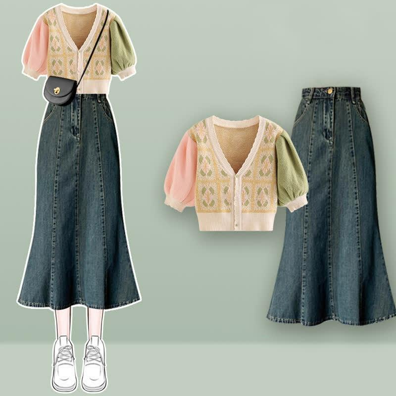 Colorblock V-Neck T-Shirt Fishtail Denim Skirt Two Pieces Set  |   T-Shirts Clothing Set