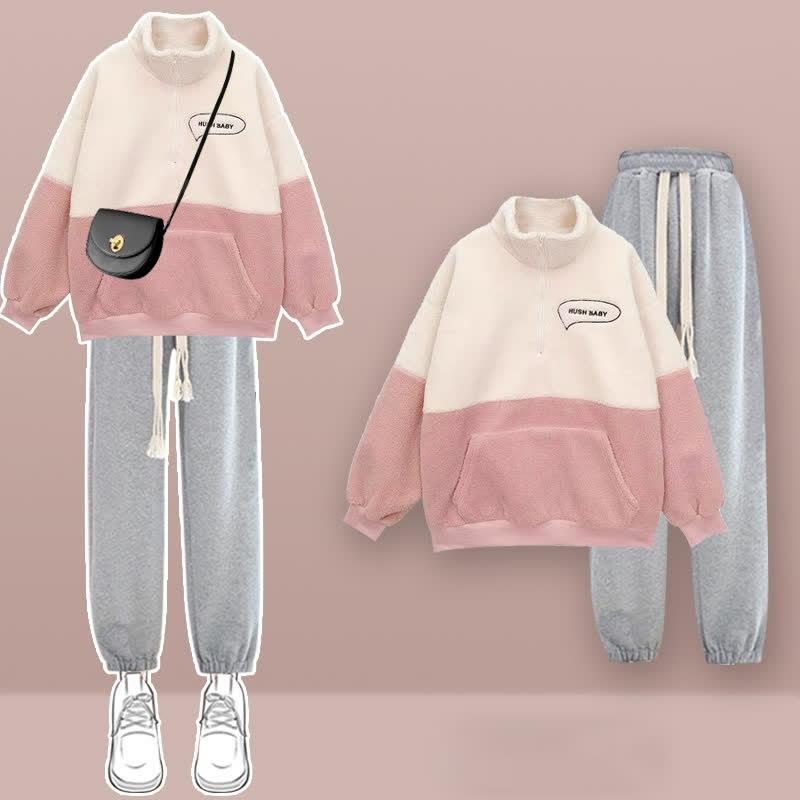 Colorblock Zipper Plush Sweatshirt Plush Pants Two Pieces Set  |   Sweatshirts & Hoodies Clothing Gray Pants(Inner Fleece)