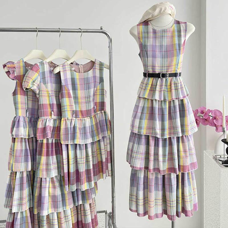 Colorful Lattice Print High Waist Tiered Cake Dress  |   Dresses Clothing Dresses