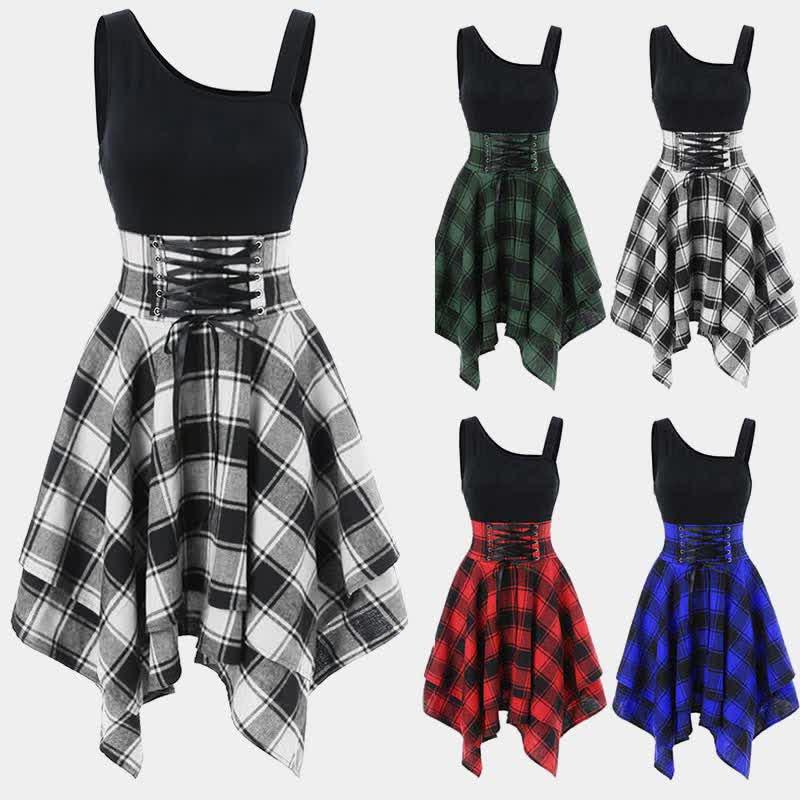 Contrast Plaid Elastic Waist Irregular Dress  |   Dresses Clothing Blue