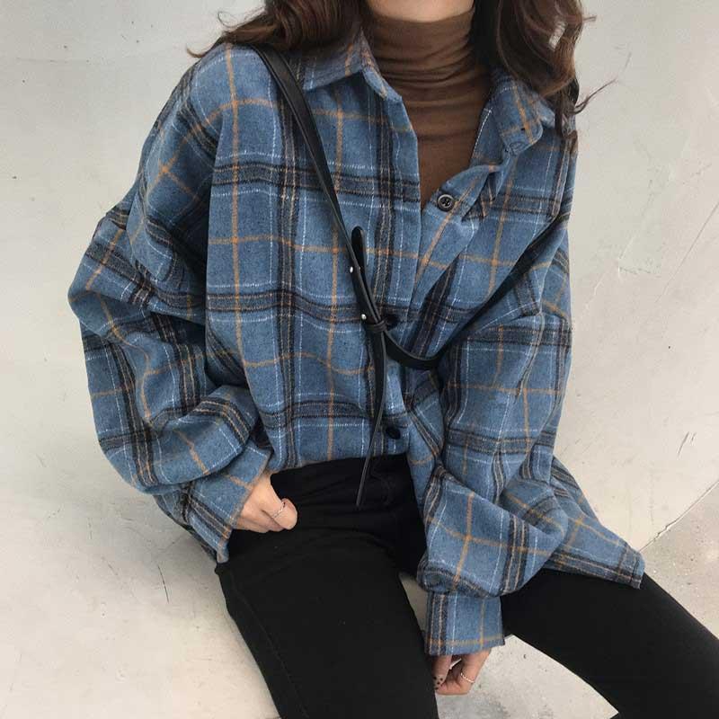 Contrast Plaid Loose Button Sweatshirt  |   Sweatshirts & Hoodies Clothing Blue