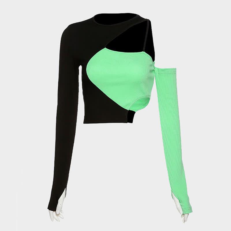 Contrasting Color Irregular Slanted Shoulder Crop Top T-Shirt  |   Crop Tops & Camis Clothing Crop Tops & Camis