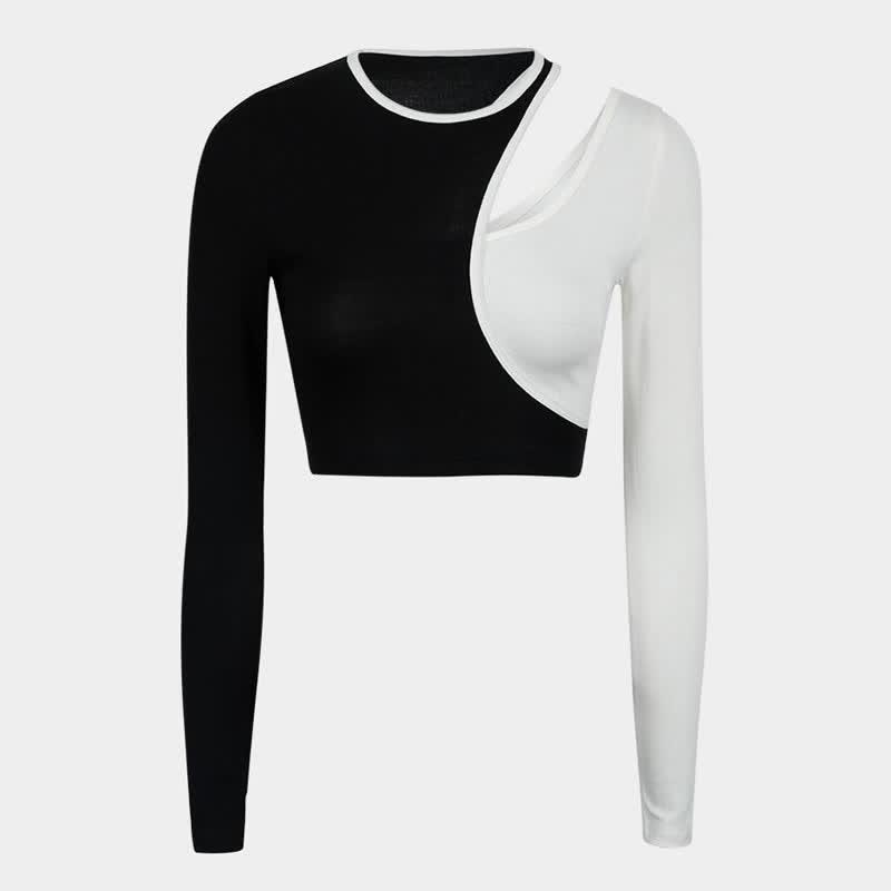 Contrasting Color Layered Hollow Crop Top  |   Crop Tops & Camis Clothing Black&White