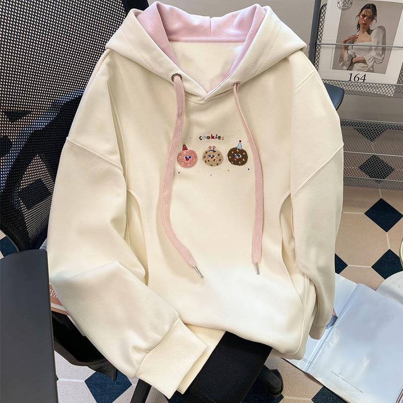 Cookie Embroidery Loose Hooded Sweatshirt  |   Sweatshirts & Hoodies Clothing Apricot