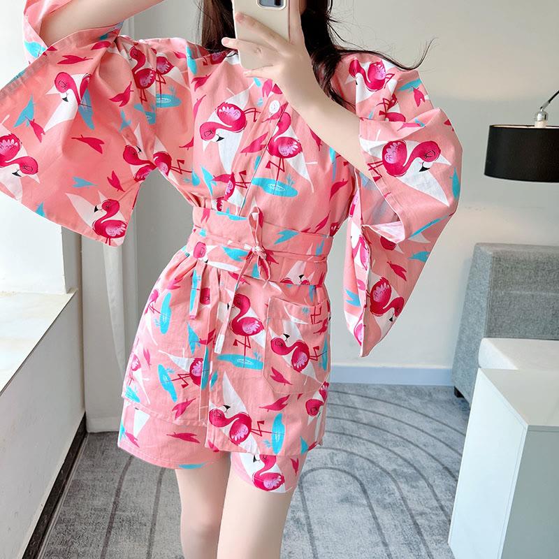 Cotton Flamingo Print Kimono Pajamas Set  |   Pajamas Clothing Dark Blue