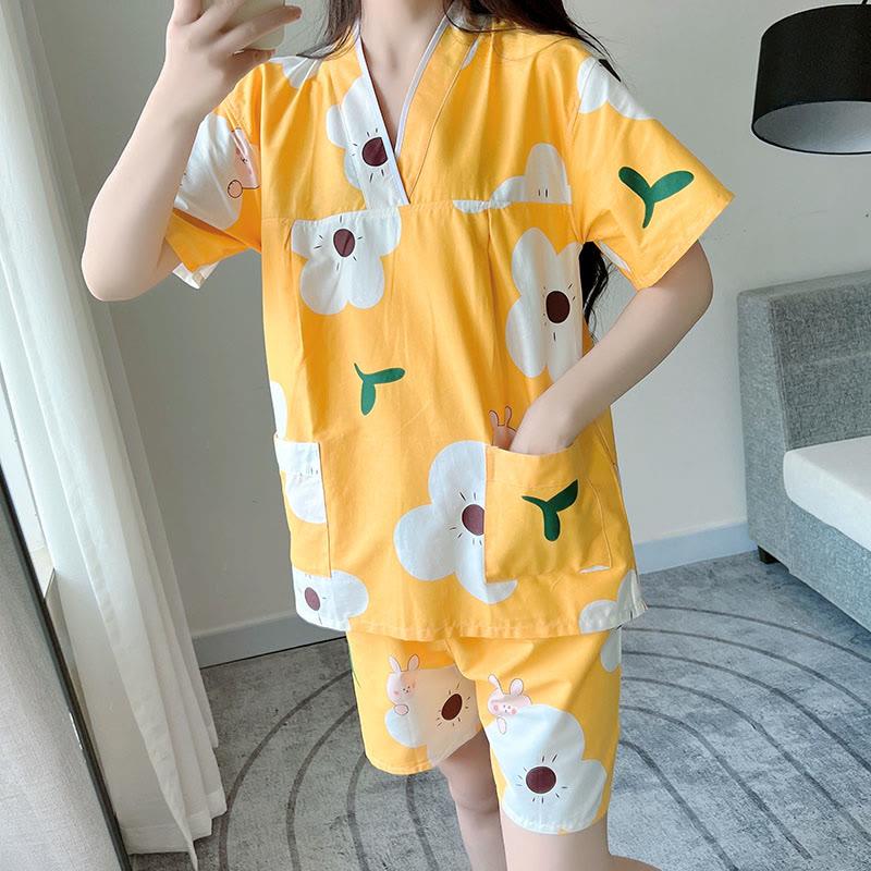 Cotton Flowers Print V-Neck T-Shirt Shorts Pajamas Set  |   Pajamas Clothing Men