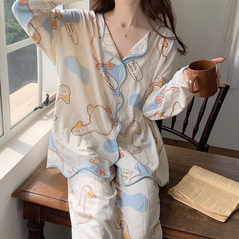 Cotton Kawaii Print Long Sleeve Shirt Pants Pajamas Set  |   Pajamas Clothing A