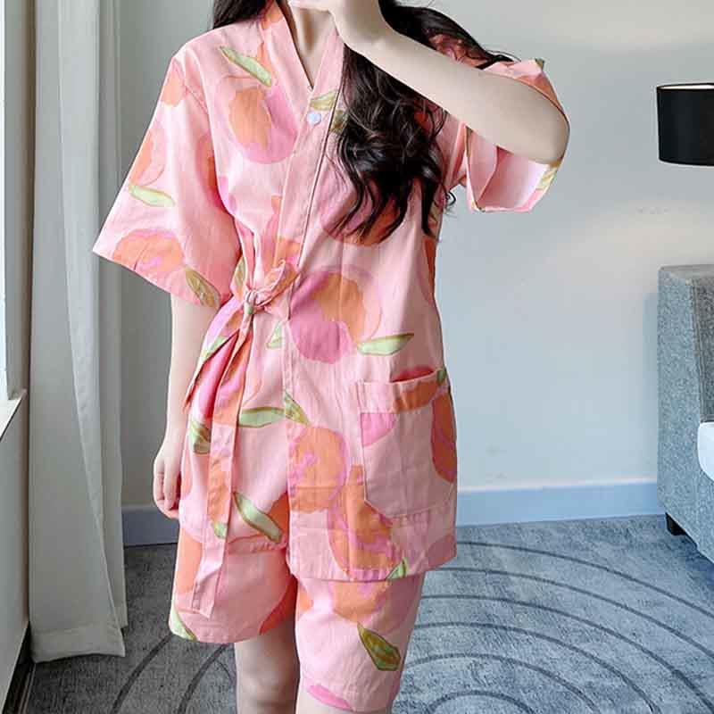 Cotton Peach Print Kimono Pajamas Set  |   Shorts Clothing Pajamas