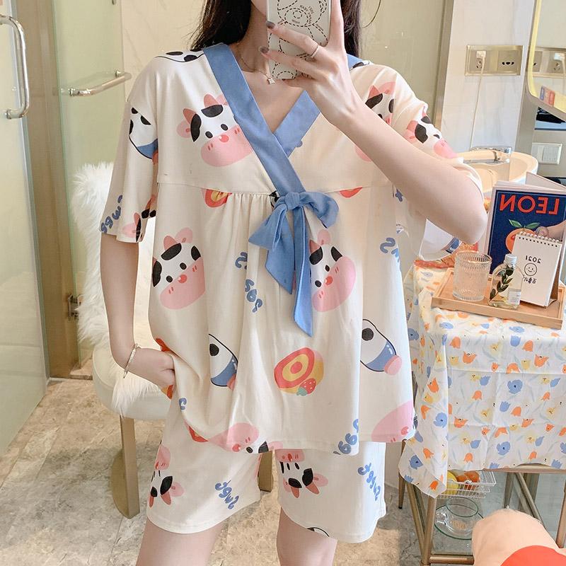 Cow Cake Print Kimono Pajamas Two Pieces Set  |   Pajamas Clothing A