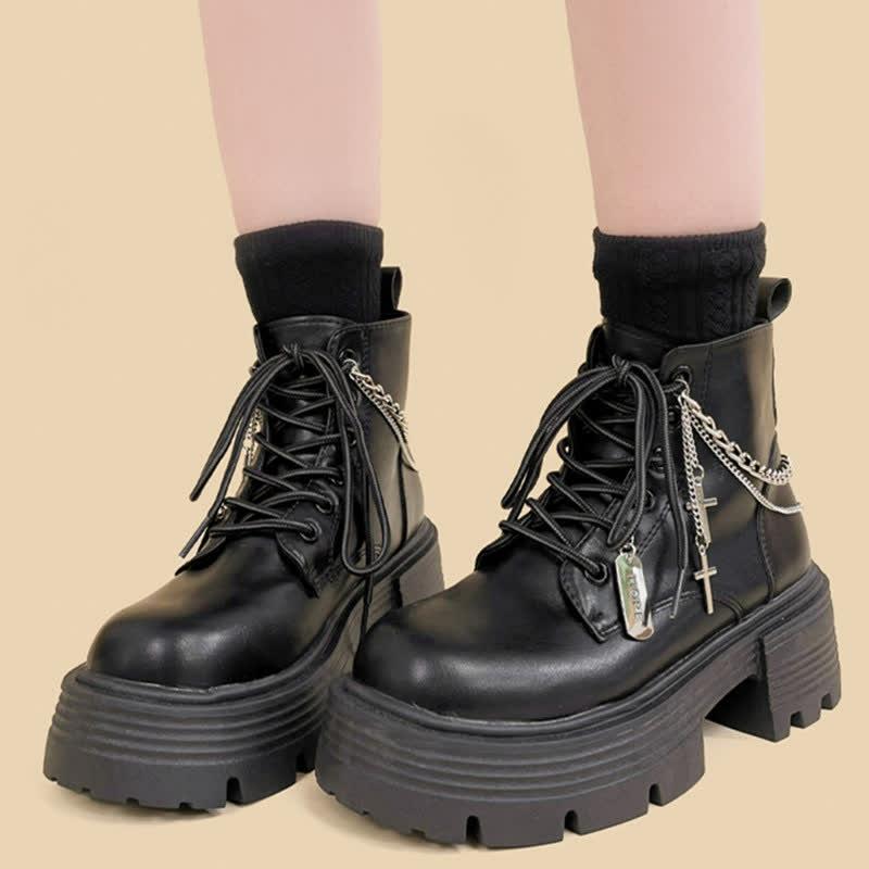 Cross Chain Decor Platform Round Toe Boots  |   Boots Boots Black