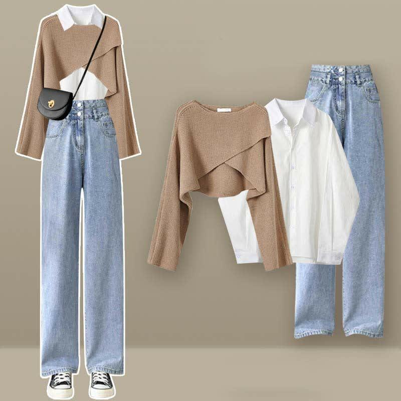 Cross Knit Sweater Lapel Shirt Denim Pants Three Pieces  |   Sweater Clothing Apricot Set