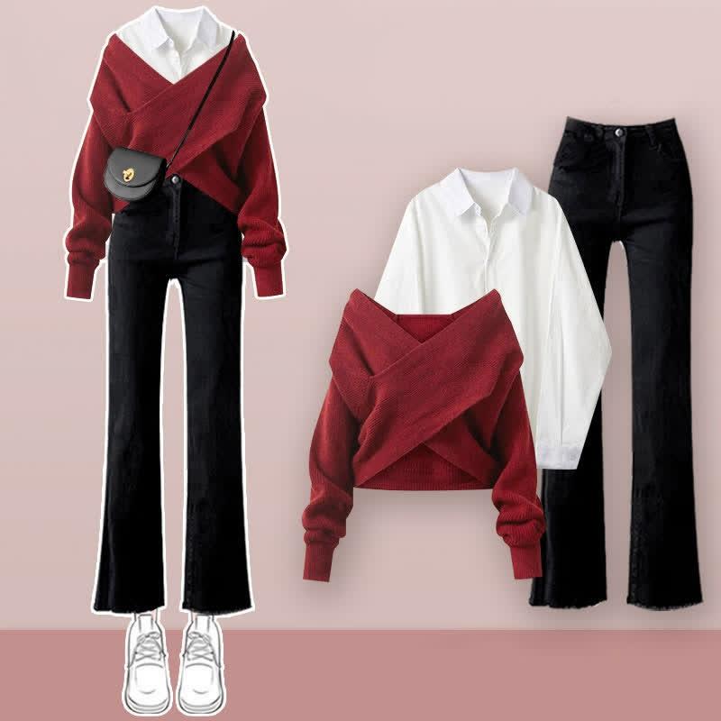 Cross Knit Sweater Lapel Shirt Flared Jeans Three Pieces  |   Sweater Clothing Pants