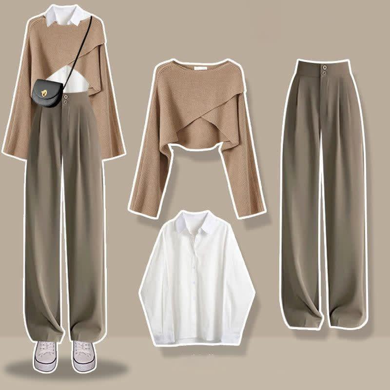 Cross Knit Sweater Lapel Shirt High Waist Pants Three Pieces  |   Sweater Clothing Khaki Pants