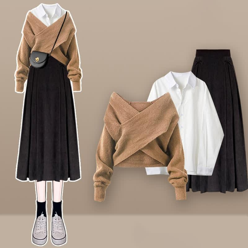 Cross Knit Sweater Lapel Shirt Pleated Skirt Three Pieces Set  |   Sweater Clothing Set