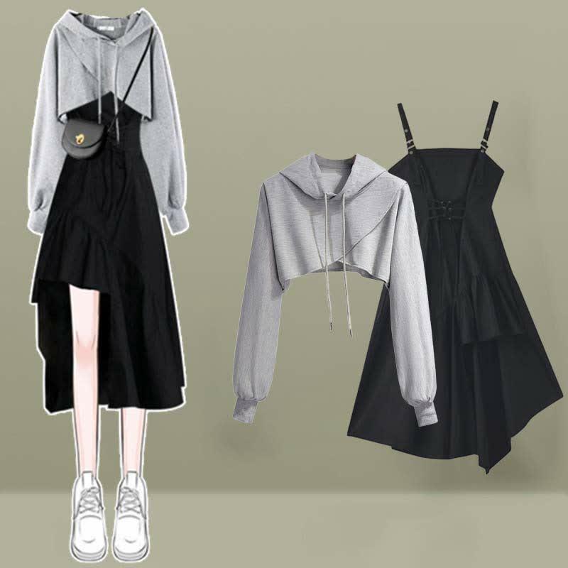 Cross Short Hoodie Lace Up Irregular Slip Dress Two Pieces  |   Sweatshirts & Hoodies Clothing Black Dress