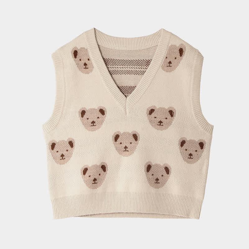 Cute Bear Print V-Neck Sleeveless Vest Sweater  |   Sweater Clothing Apricot