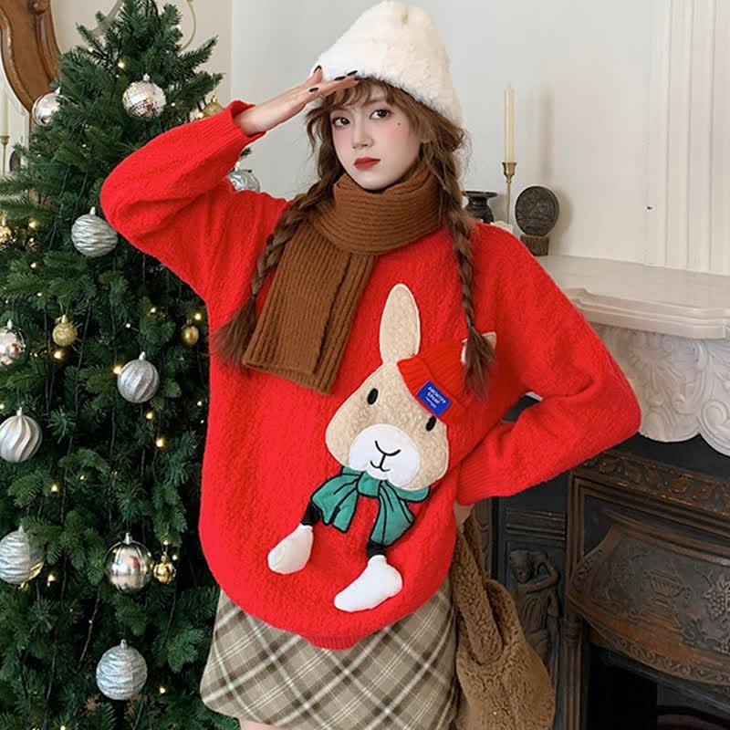 Cute Bunny Letter Print Round Collar Red Knit Sweater  |   Sweater Clothing A