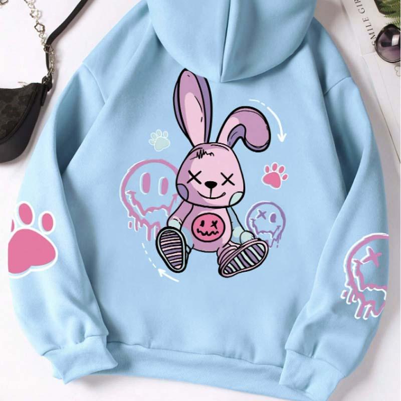 Cute Bunny Print Plush Hoodie  |   Sweatshirts & Hoodies Clothing Black