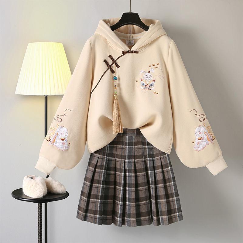 Cute Bunny Print Two Pieces Vintage Sweatshirt Skirt Set  |   Sweatshirts & Hoodies Clothing Beige Set