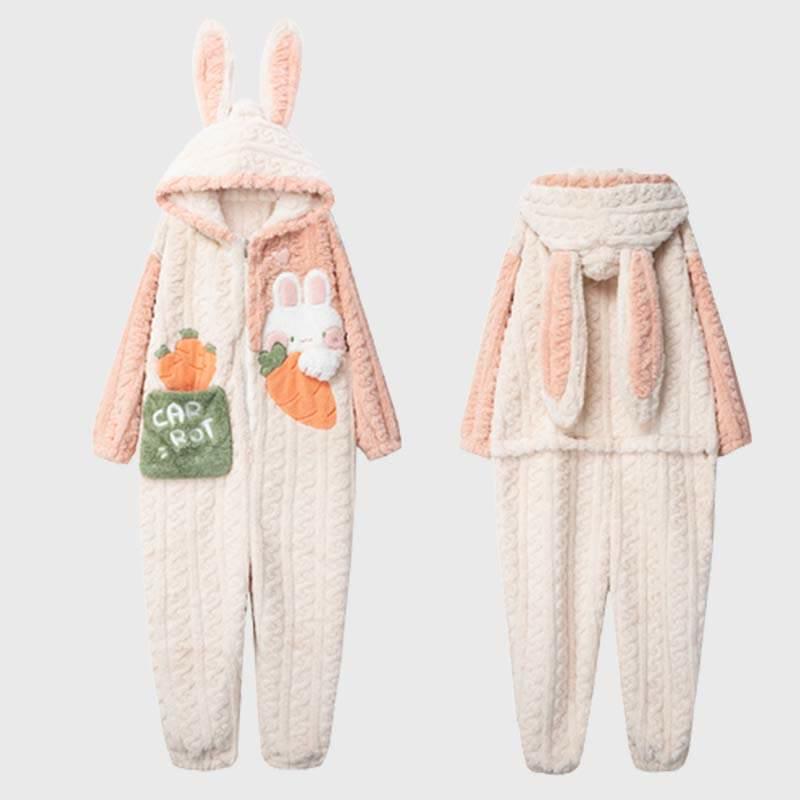 Cute Cartoon Bunny Zipper Plush Hooded Jumpsuit Pajamas  |   Pajamas Clothing A