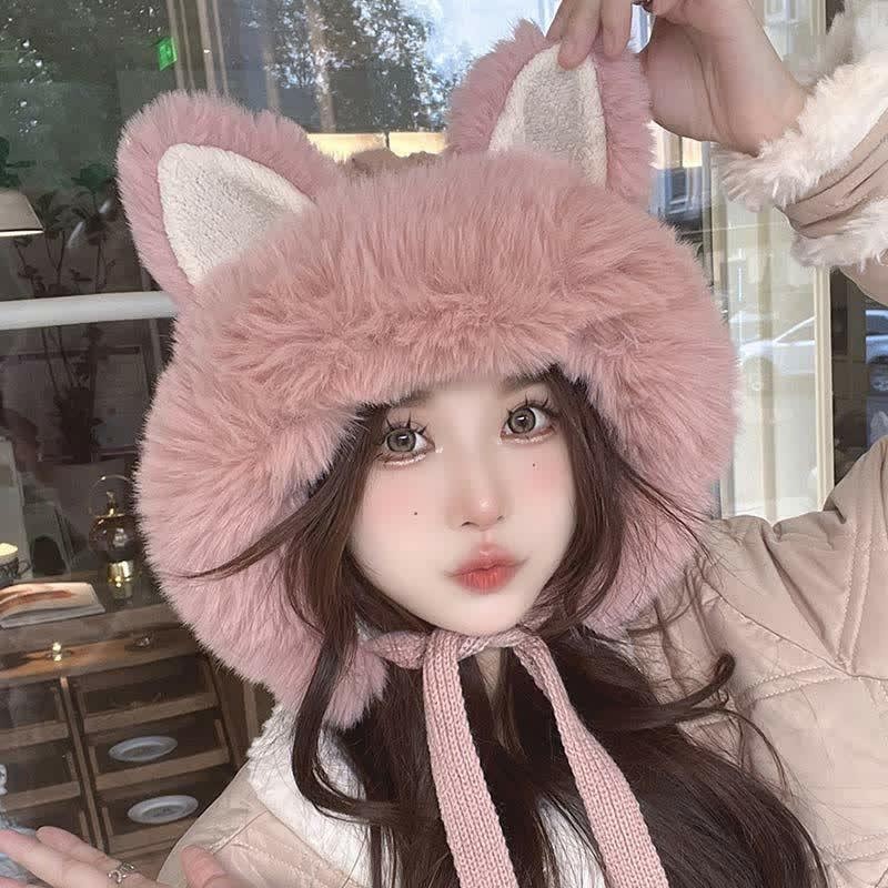 Cute Cartoon Fox Ears Knit Plush Hat  |   Hats & Scarfs Accessories Black