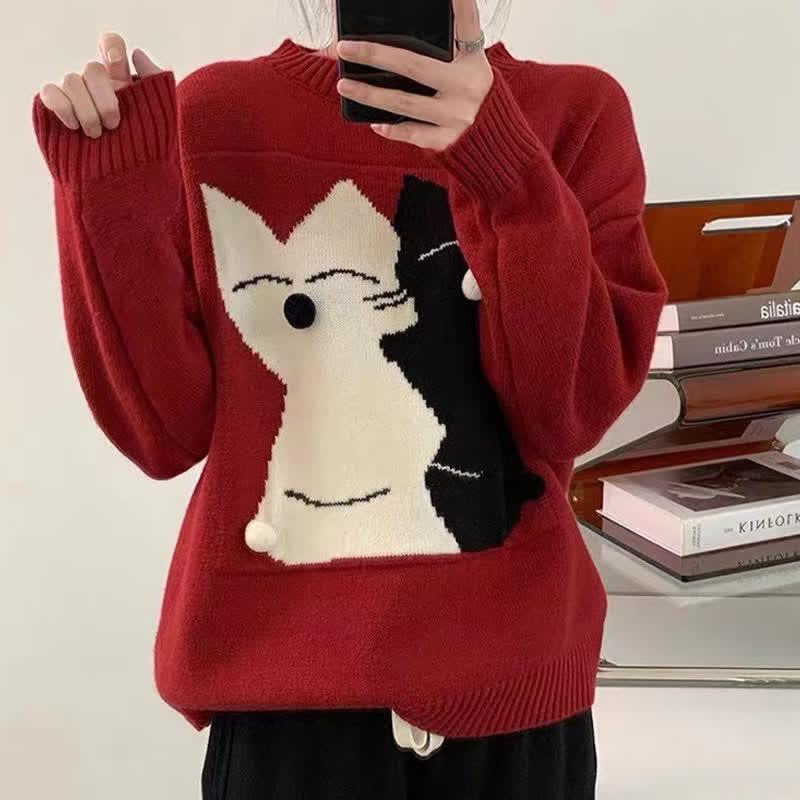 Cute Cartoon Kitty Print Colorblock Round Collar Sweater  |   Sweater Clothing Black