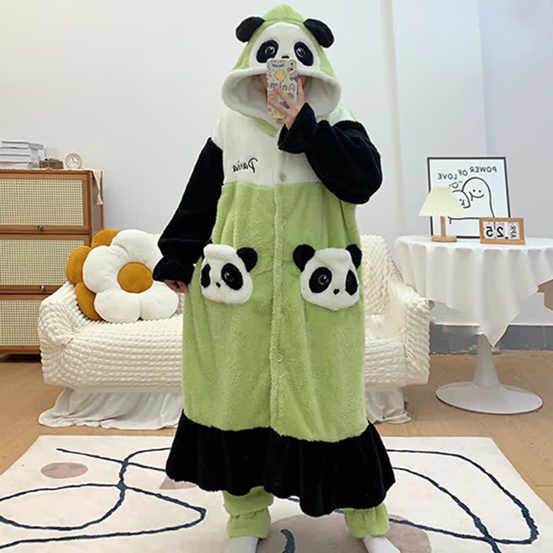 Cute Cartoon Panda Plush Hooded Pajamas Set  |   Pajamas Clothing Green