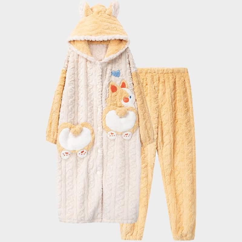 Cute Cartoon Puppy Embroidery Plush Hooded Pajamas Set  |   Pajamas Clothing A