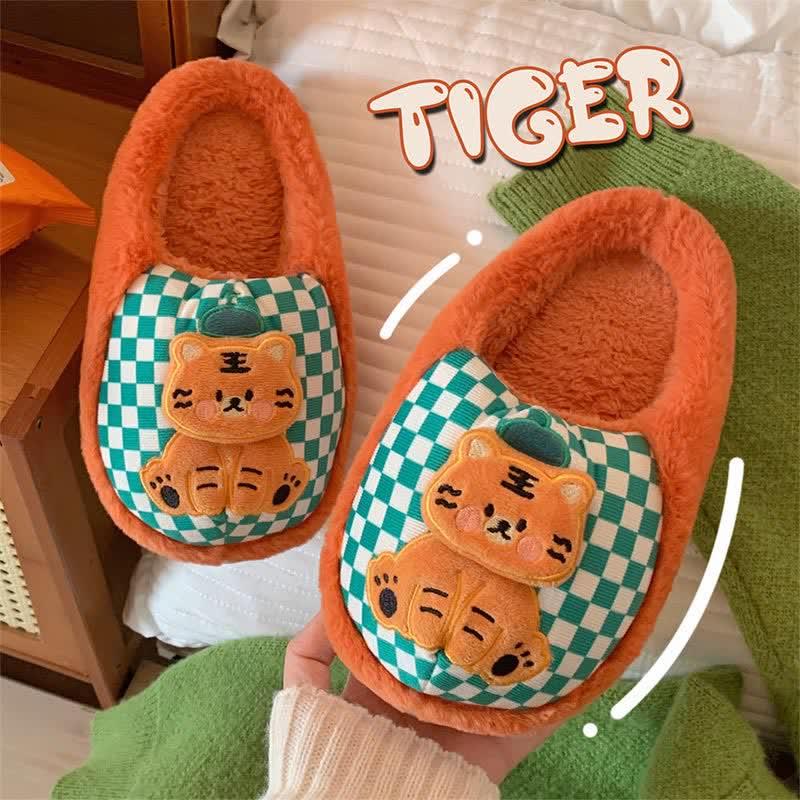 Cute Cartoon Tiger Plaid Plush Slippers  |   Slippers Shoes Orange