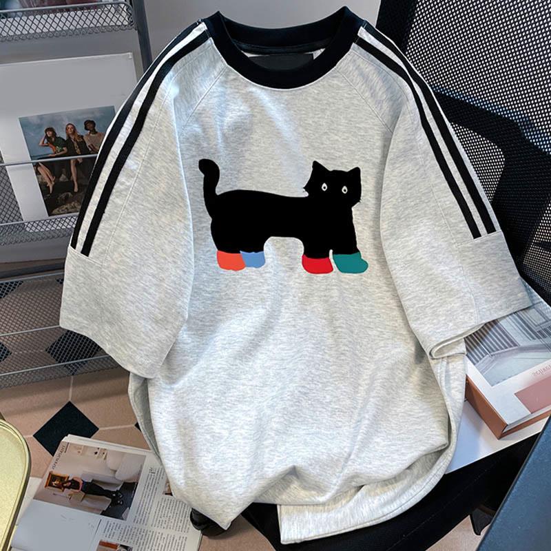 Cute Cat Print Casual Loose T-Shirt  |   T-Shirts Clothing Grey