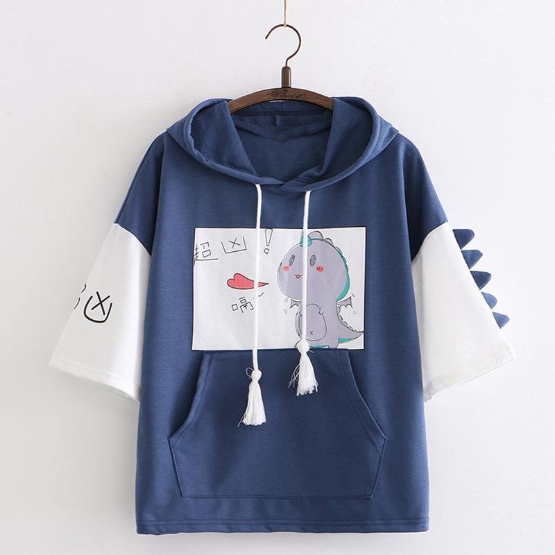 Cute Dinosaur Print Drawstring Hooded T-Shirt  |   T-Shirts Clothing Dark Blue