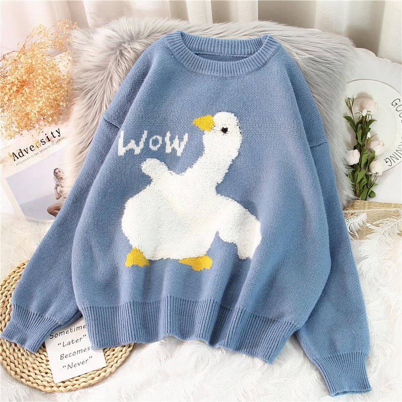 Cute Duck Print Knitted Sweater  |   Sweater Clothing Black