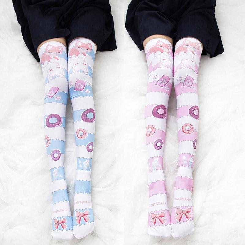 Cute Fox Donut Print Stockings Over The Knee  |   Socks Accessories Blue