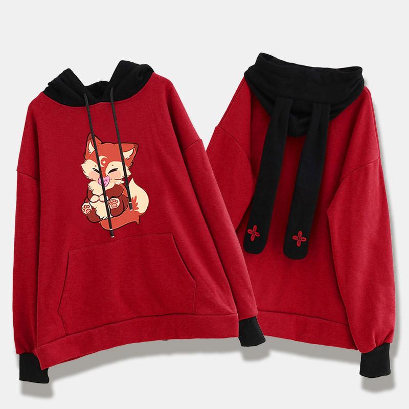 Cute Fox Print Long Bunny Ears Plush Hoodie  |   Sweatshirts & Hoodies Clothing Red