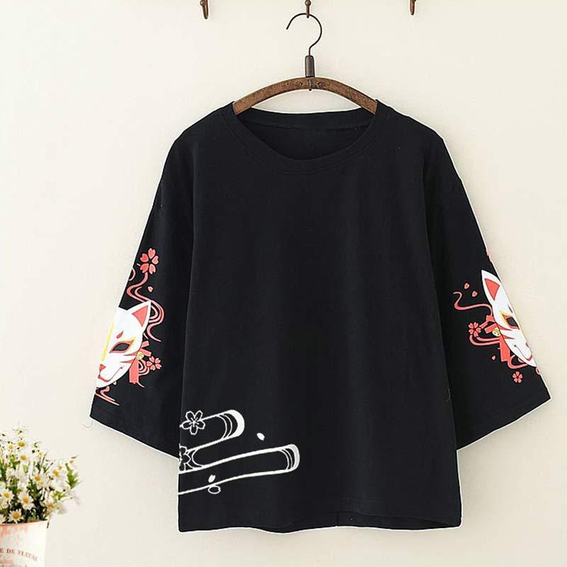 Cute Fox Print Loose T-Shirt  |   T-Shirts Clothing Black