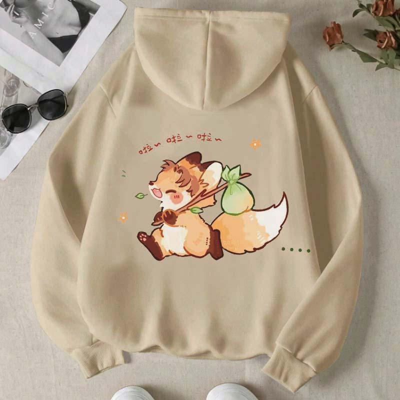 Cute Fox Print Plush Hoodie  |   Sweatshirts & Hoodies Clothing Khaki